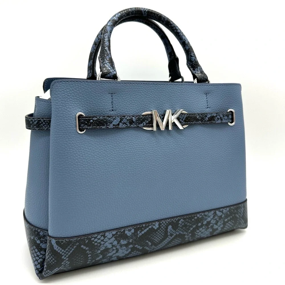 Michael Kors Large Reed Leather Belted Satchel Crossbody Bag Blue Snakeskin